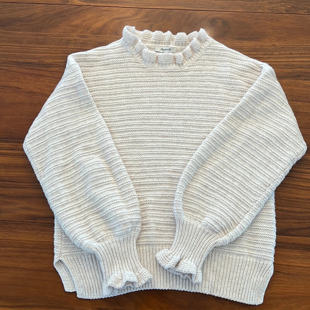 Madewell Ruffle Neck Sweater, Size Medium, Antique Cream